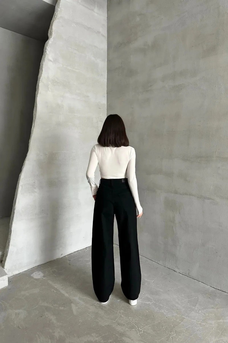 Musiala Siyah Baggy Toka Detaylı Bol Kesim Geniş Paça Rahat Baggy Jean Kot Salaş Kadın Pantolon