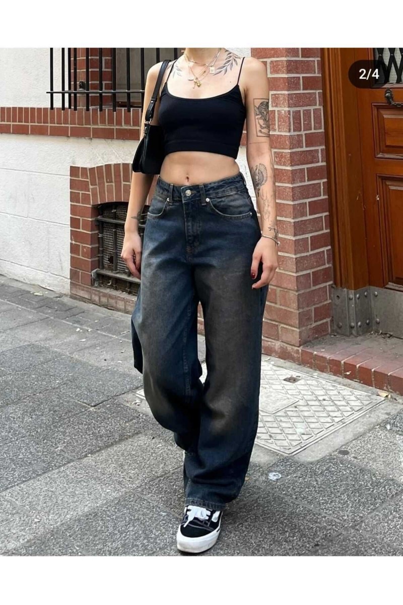 Musiala Koyu Mavi Baggy Toka Detaylı Bol Kesim Geniş Paça Rahat Baggy Jean Kot Salaş Kadın Pantolon