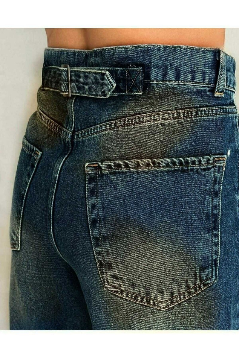 Musiala Koyu Mavi Baggy Toka Detaylı Bol Kesim Geniş Paça Rahat Baggy Jean Kot Salaş Kadın Pantolon