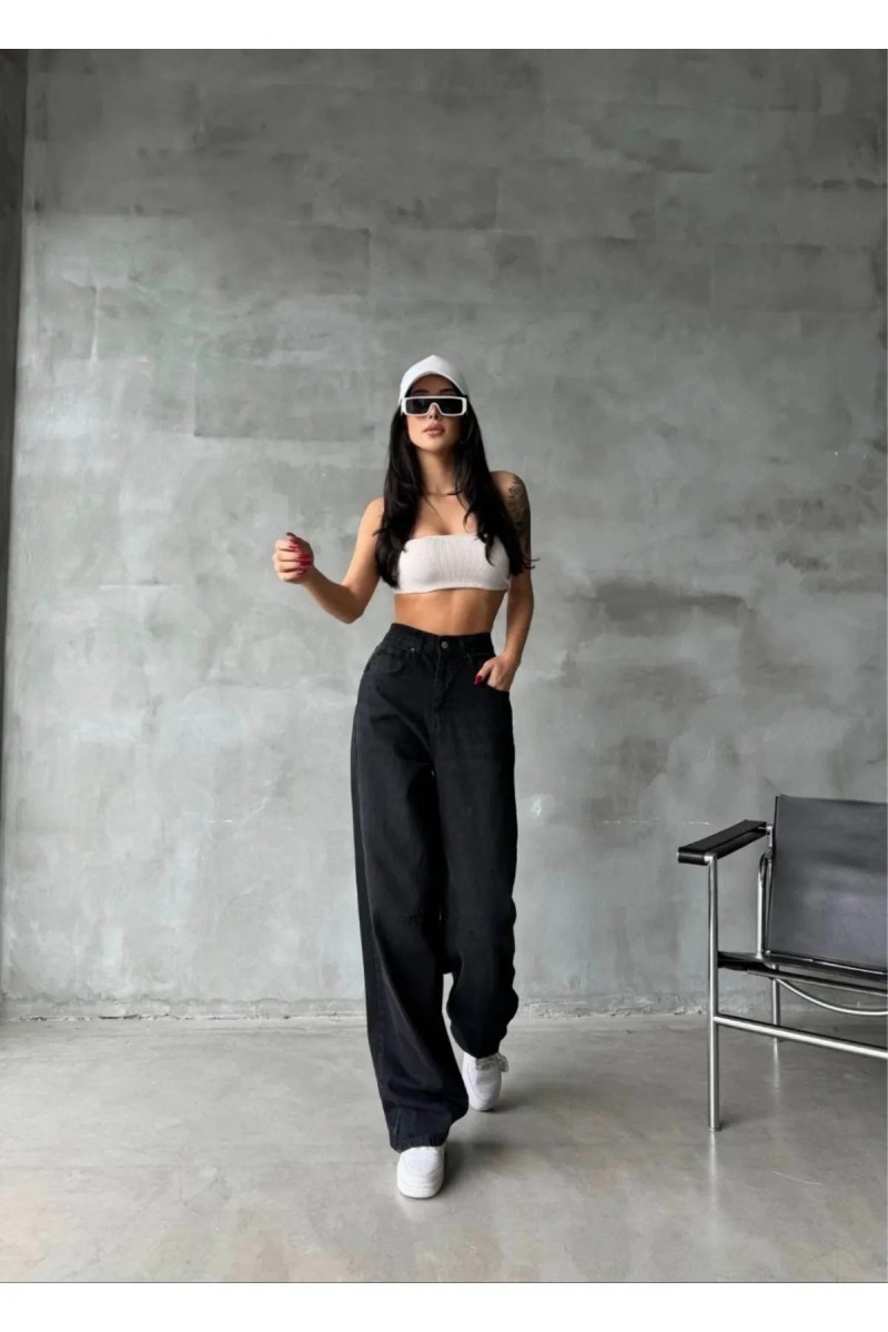 Musiala Siyah Baggy Toka Detaylı Bol Kesim Geniş Paça Rahat Baggy Jean Kot Salaş Kadın Pantolon