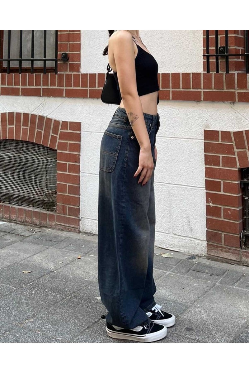 Musiala Koyu Mavi Baggy Toka Detaylı Bol Kesim Geniş Paça Rahat Baggy Jean Kot Salaş Kadın Pantolon