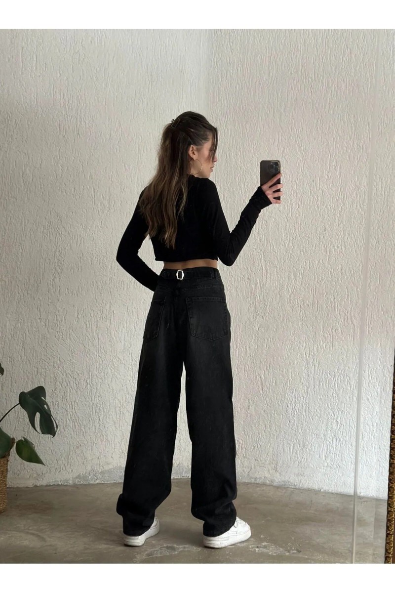 Lola Mavi Baggy Tint'li Toka Detaylı Bol Kesim Geniş Paça Rahat Baggy Jean Kot Salaş Kadın Pantolon