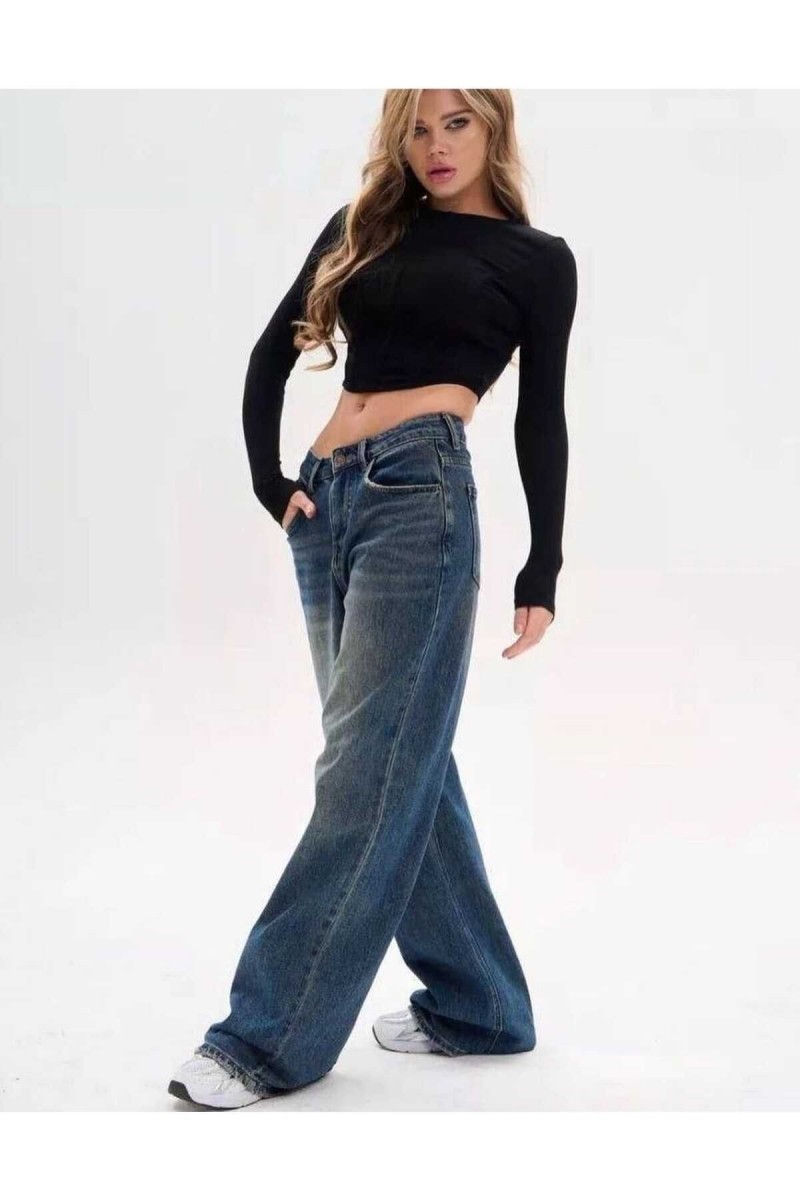 Musiala Koyu Mavi Baggy Toka Detaylı Bol Kesim Geniş Paça Rahat Baggy Jean Kot Salaş Kadın Pantolon