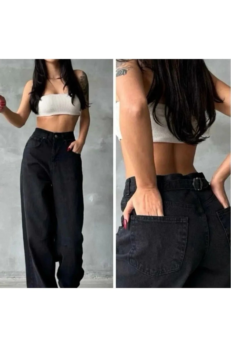 Musiala Siyah Baggy Toka Detaylı Bol Kesim Geniş Paça Rahat Baggy Jean Kot Salaş Kadın Pantolon