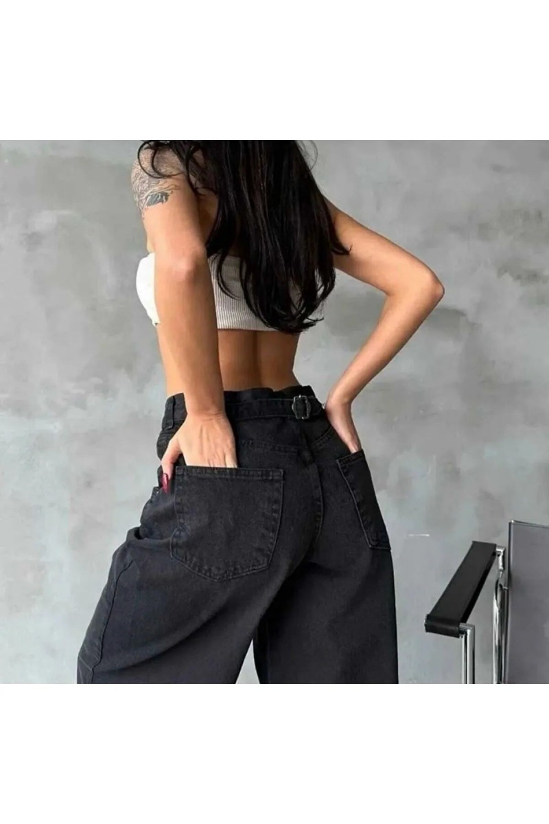 Musiala Siyah Baggy Toka Detaylı Bol Kesim Geniş Paça Rahat Baggy Jean Kot Salaş Kadın Pantolon