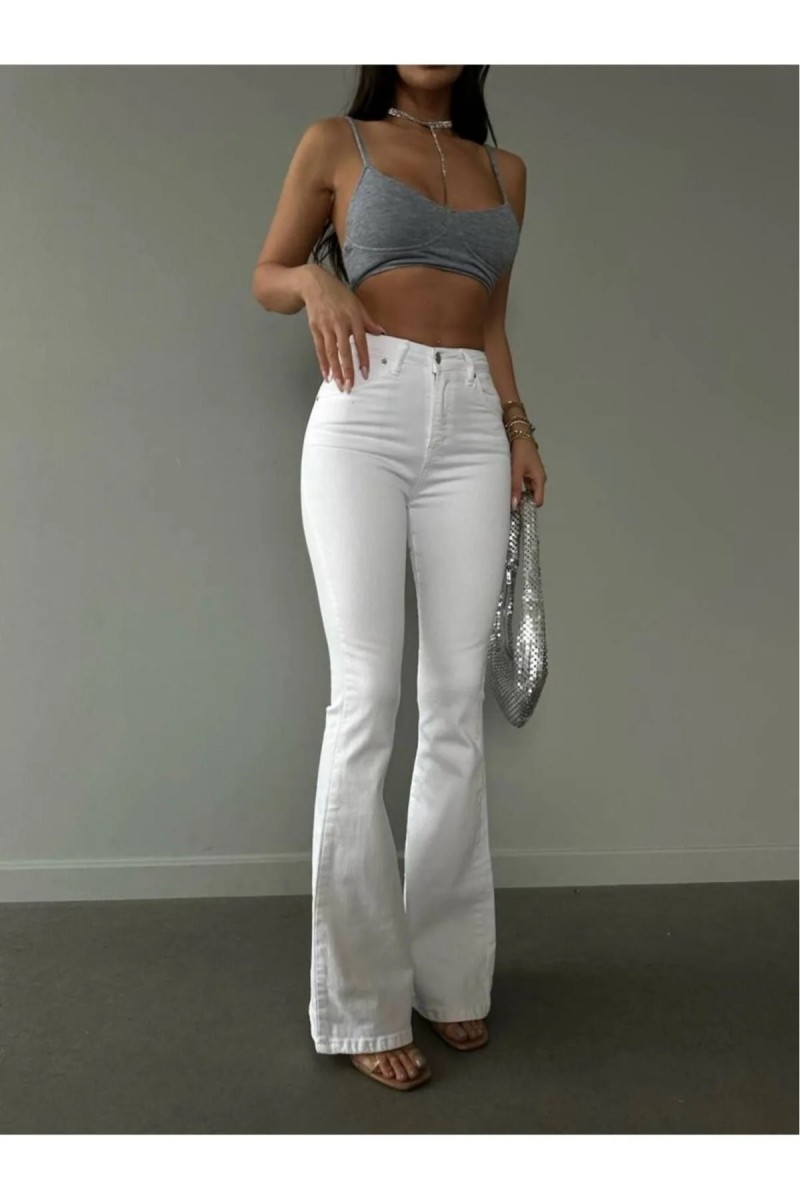 Agapi Beyaz Ispanyol Paça Likralı Flare Jeans Kot Pantolon