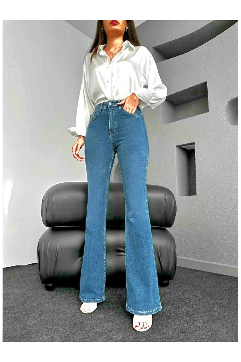 Orta Mavi Ispanyol Paça Yüksek Bel Jeans