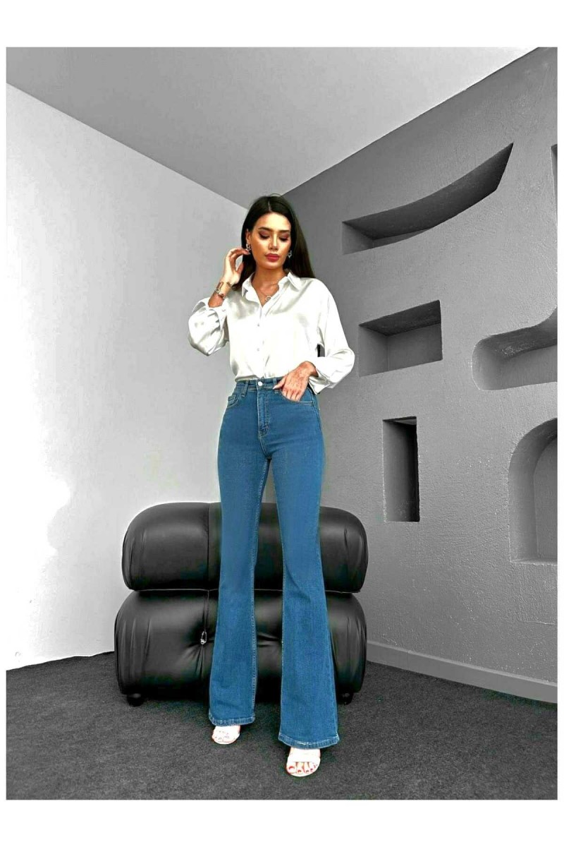 Orta Mavi Ispanyol Paça Yüksek Bel Jeans