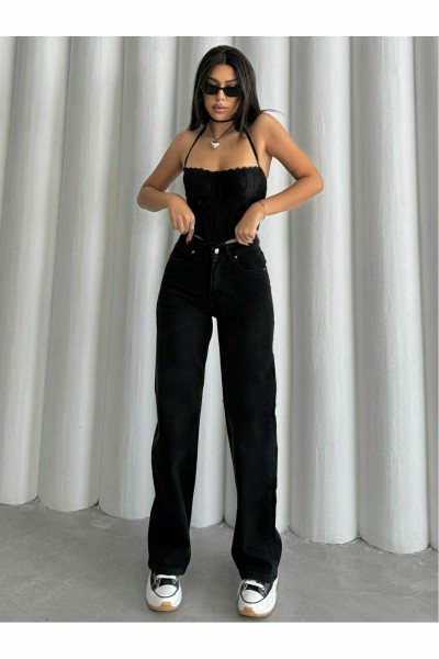 Love Solmayan Siyah Likralı Süper Yüksek Bel Salaş Jean Pantolon. (SÜPER YÜKSEK.) Wide Leg.
