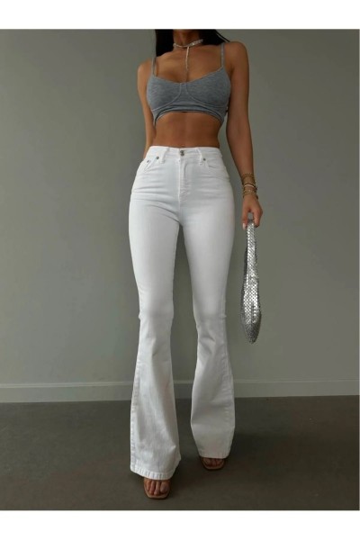 Agapi Beyaz Ispanyol Paça Likralı Flare Jeans Kot Pantolon