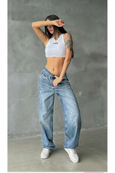 Talya Mavi Kar Yıkama Toka Detaylı Bol Kesim Geniş Paça Rahat Baggy Jean Kot Salaş Kadın Pantolon