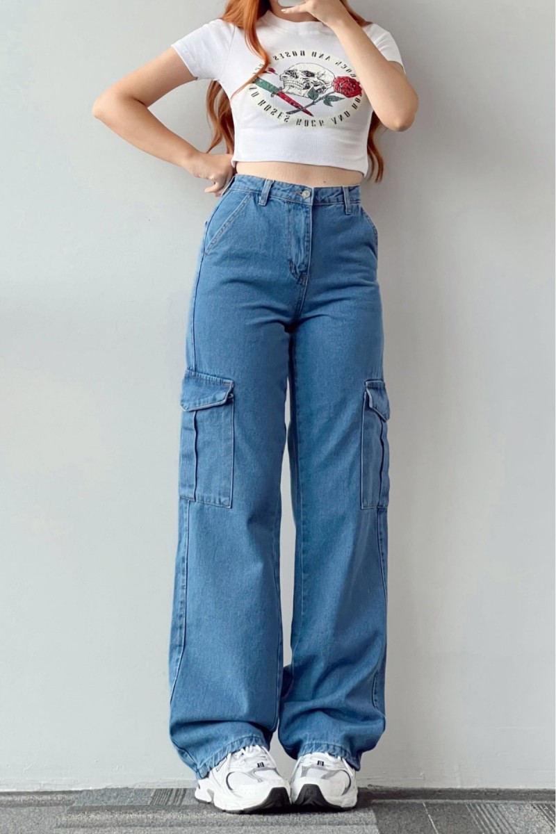 Orta Mavi  Kargo Salaş Arka Cepsiz Likralı Süper Yüksek Bel Jean Pantolon