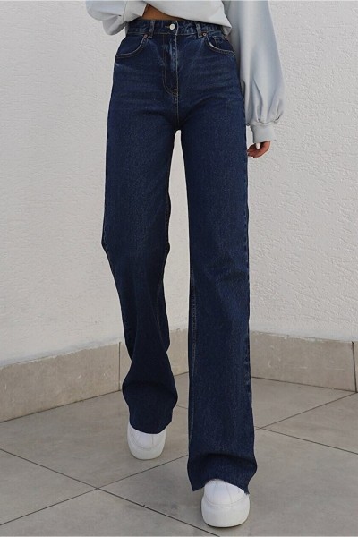 Camelia Likralı Kadın Koyu Mavi Süper Yüksek Bel Salaş Paça Denim Salaş Palazzo Pantolon