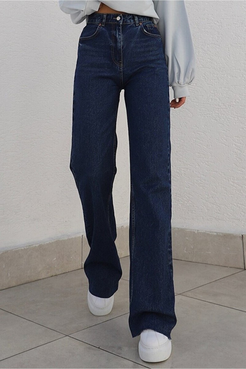 Camelia Likralı Kadın Koyu Mavi Süper Yüksek Bel Salaş Paça Denim Salaş Palazzo Pantolon