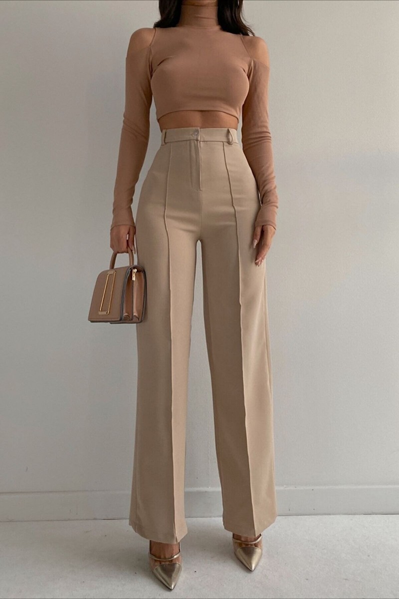 Rosse Gold Kül Gri Çift Düğmeli Kadın Salaş Kumaş 90's Süper Yüksek Salaş Paç Palazzo Pantolon