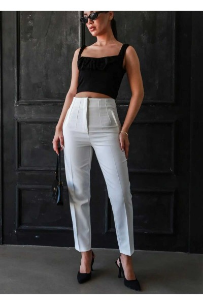 Summer Time Kadın Beyaz Çımalı Yüksek Bel Salaş Paça Salaş Pantolon Palazzo
