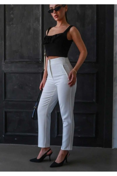 Summer Time Kadın Beyaz Çımalı Yüksek Bel Salaş Paça Salaş Pantolon Palazzo
