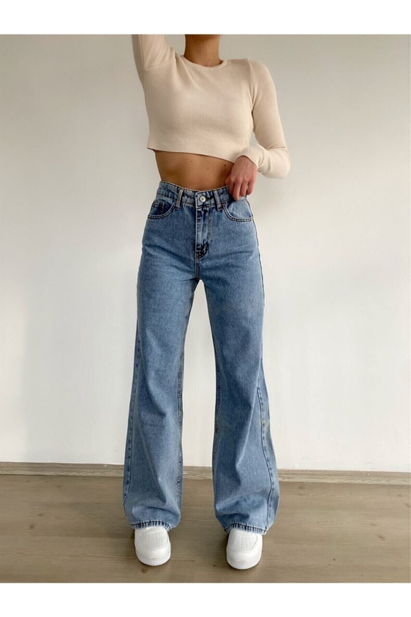 Emma Orta Kar Yıkama Mavi Likralı Süper Yüksek Bel Salaş Jeans Palazzo Pantolon