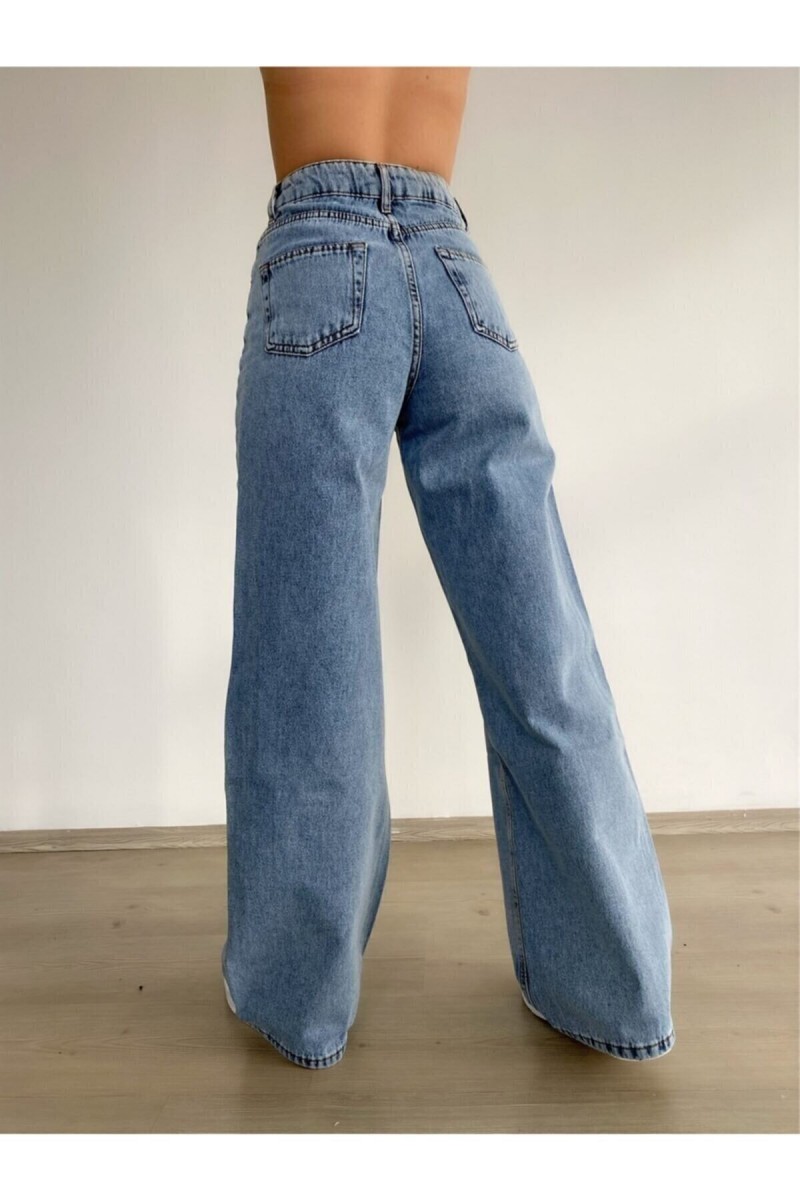 Emma Orta Kar Yıkama Mavi Likralı Süper Yüksek Bel Salaş Jeans Palazzo Pantolon