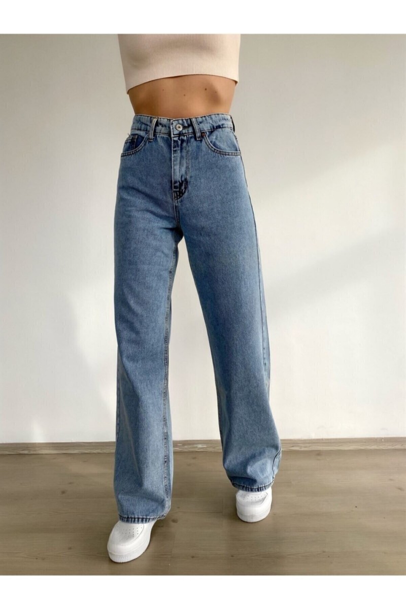 Emma Orta Kar Yıkama Mavi Likralı Süper Yüksek Bel Salaş Jeans Palazzo Pantolon