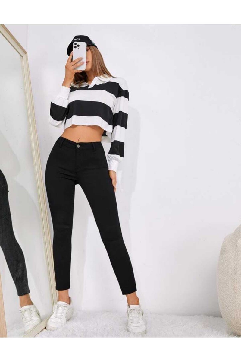 Yüksel Bel Siyah Bilek Boy Dar Paça Skinny Likralı Kot