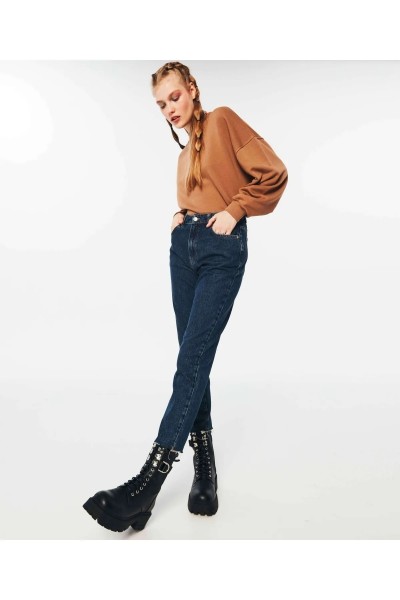 Koyu Mom Jean Yüksek Bel Kot Pantolon Likralı Solmaz Ekstra Rahat