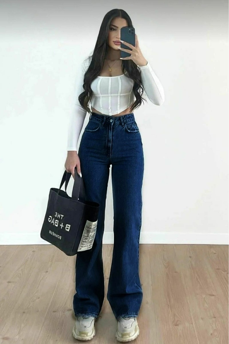 Clara 90's Power Likralı Solmaz Orta Mavi Süper Yüksek Bel Salaş Jeans Palazzo Pantolon