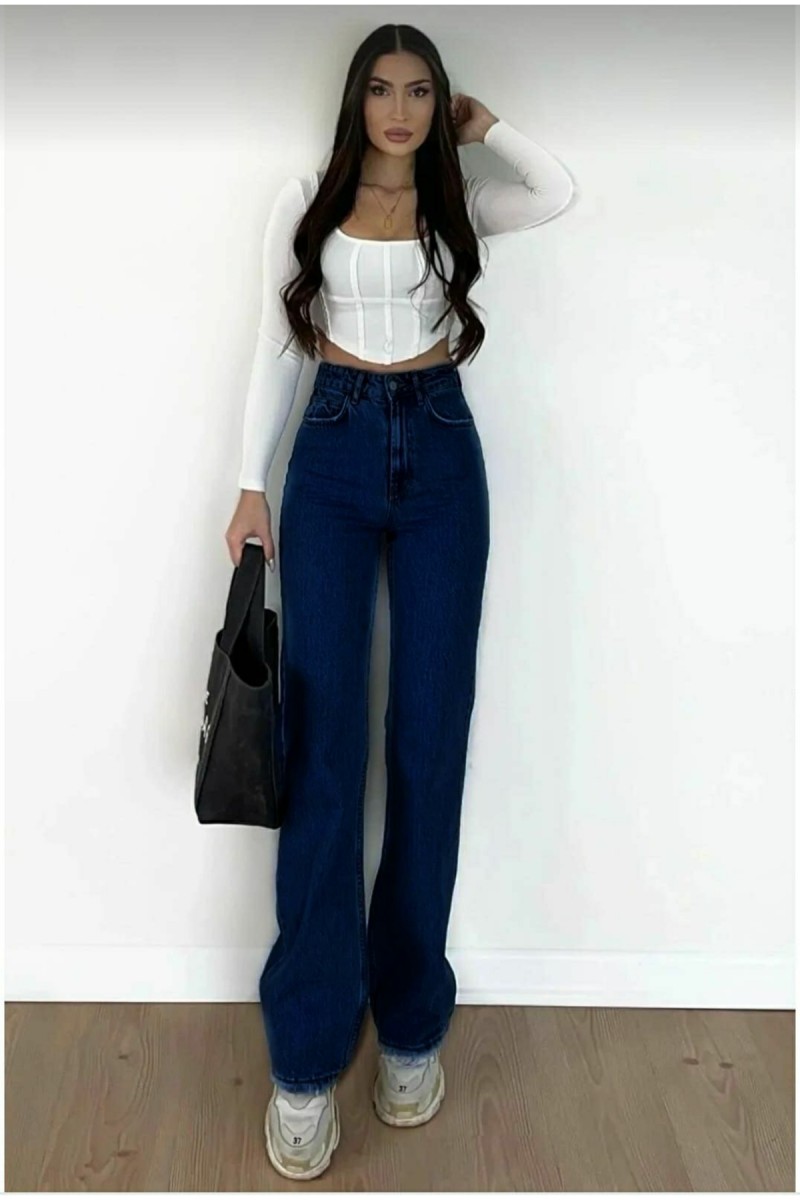 Clara 90's Power Likralı Solmaz Orta Mavi Süper Yüksek Bel Salaş Jeans Palazzo Pantolon