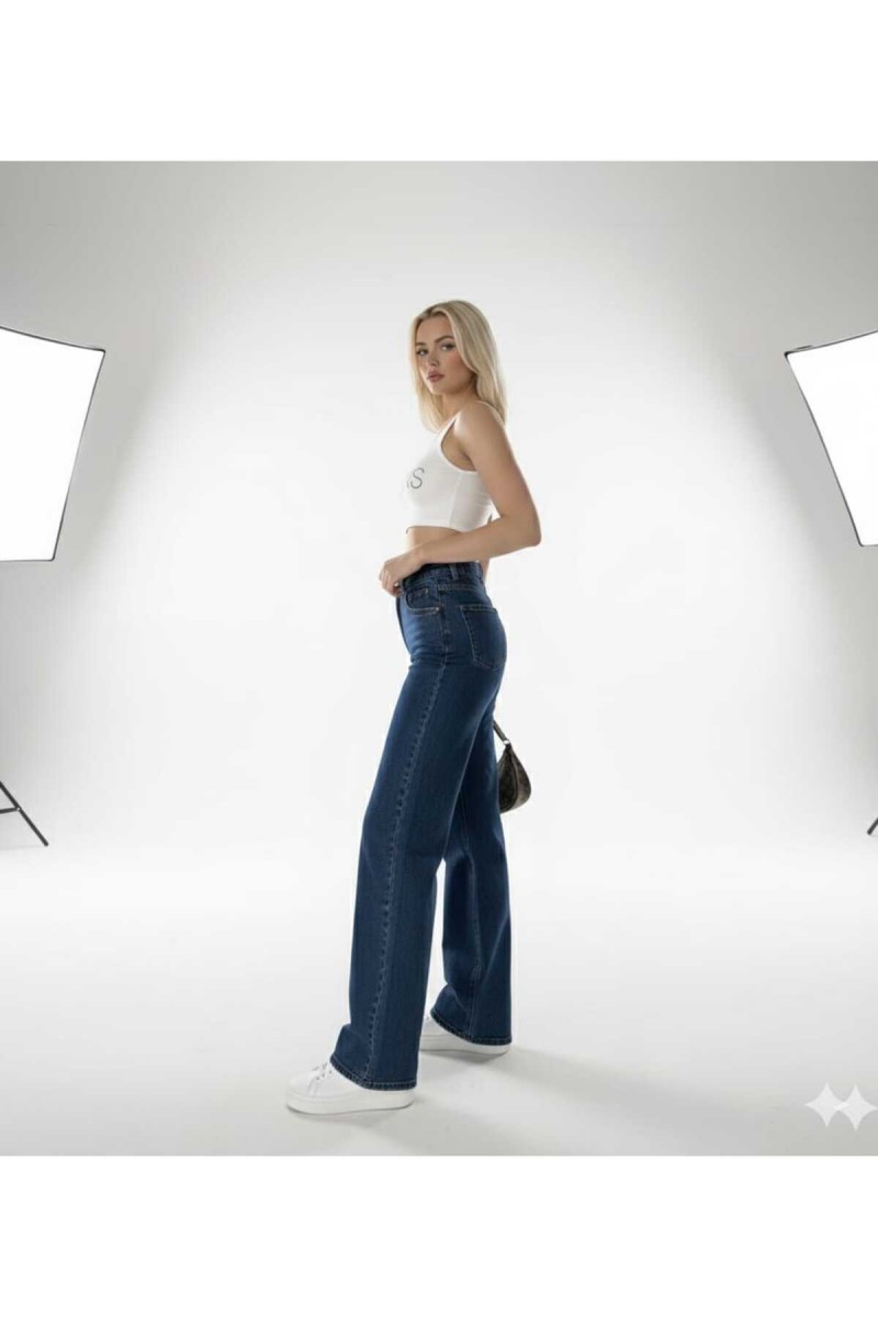 Guess Cold Power Likralı Koyu Mavi Süper Yüksek Bel Likralı Salaş Paça Denim Kot Pantolon