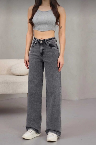 Skyrim Likralı 90's Kadın Füme Kar Süper Yüksek Bel Yırtmaçlı Paça Denim Kot Palazzo Pantolon