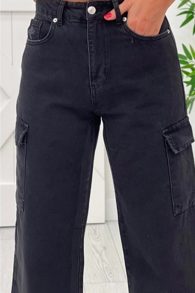 Afrilix Salaş Siayah Kargo Cep Likralı 90's Solmayan Siyah Yüksek Bel Salaş Paça Kot Salaş Pantolon