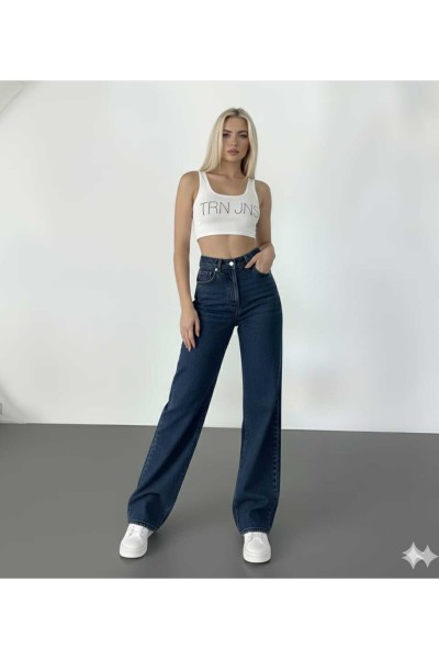 Guess Cold Power Likralı Koyu Mavi Süper Yüksek Bel Likralı Salaş Paça Denim Kot Pantolon