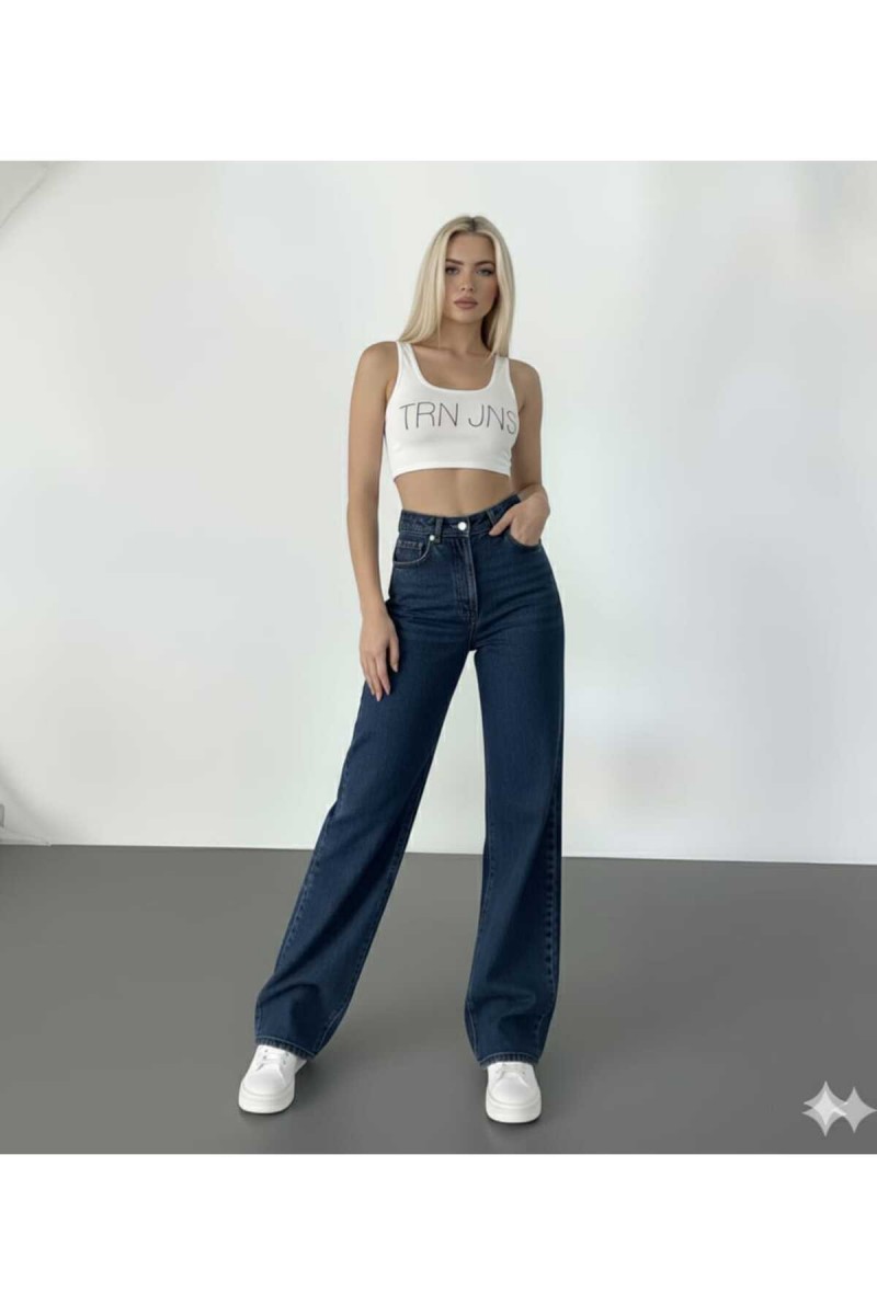 Guess Cold Power Likralı Koyu Mavi Süper Yüksek Bel Likralı Salaş Paça Denim Kot Pantolon