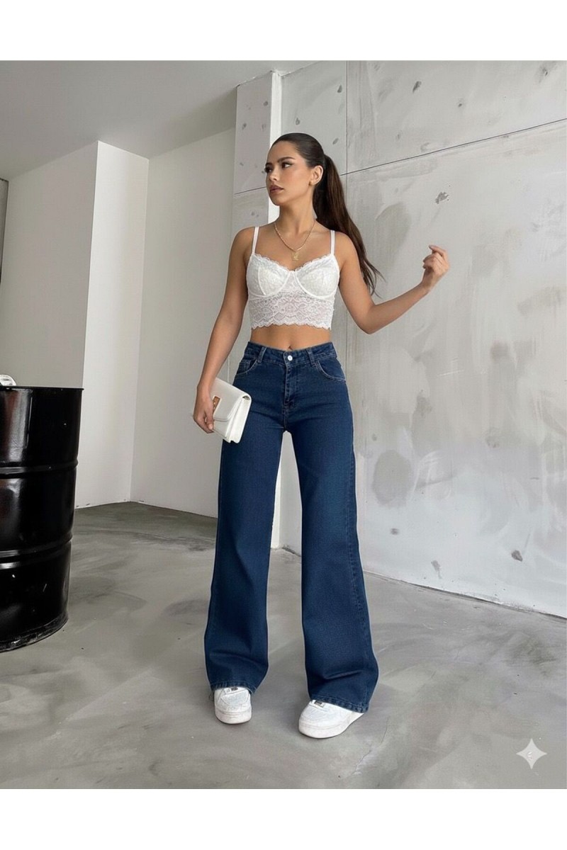 Elena Power Likralı Kadın Koyu Mavi Süper Yüksek Bel Salaş Paça Jans Kot Palazzo Pantolon