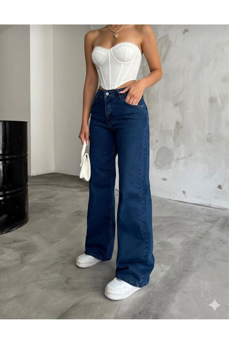 Elena Power Likralı Kadın Koyu Mavi Süper Yüksek Bel Salaş Paça Jans Kot Palazzo Pantolon
