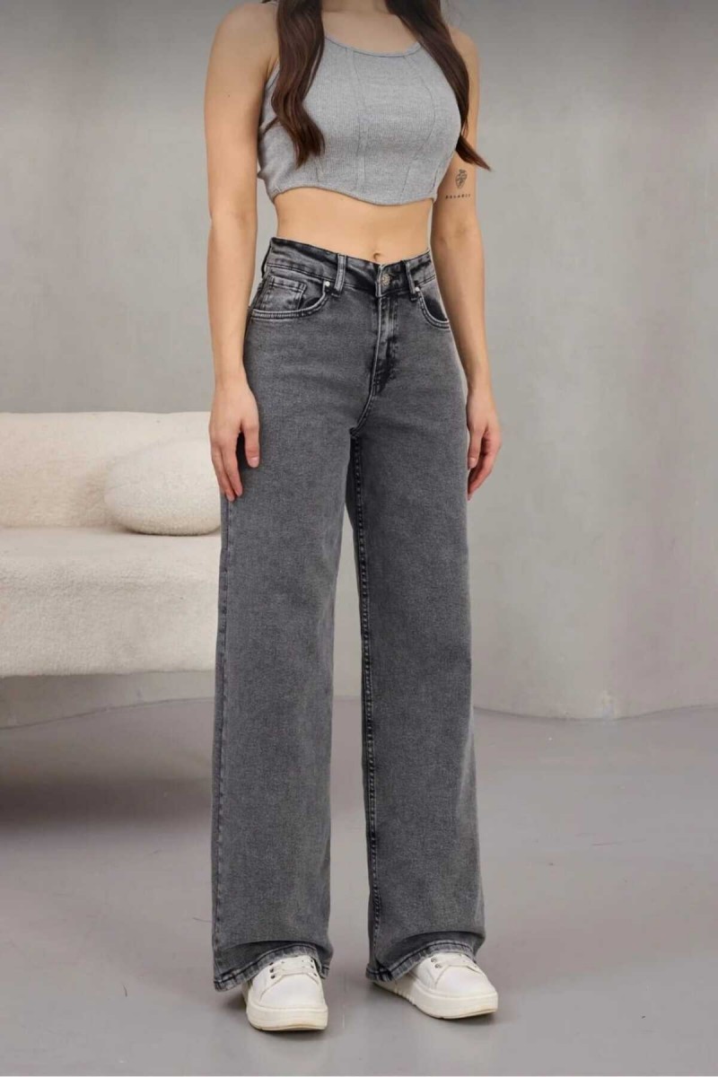 Skyrim Likralı 90's Kadın Füme Kar Süper Yüksek Bel Yırtmaçlı Paça Denim Kot Palazzo Pantolon