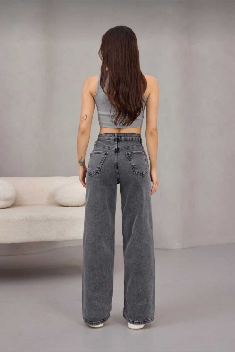 Skyrim Likralı 90's Kadın Füme Kar Süper Yüksek Bel Yırtmaçlı Paça Denim Kot Palazzo Pantolon