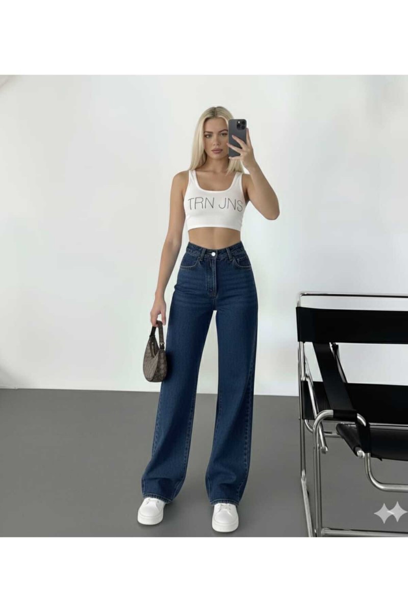 Guess Cold Power Likralı Koyu Mavi Süper Yüksek Bel Likralı Salaş Paça Denim Kot Pantolon