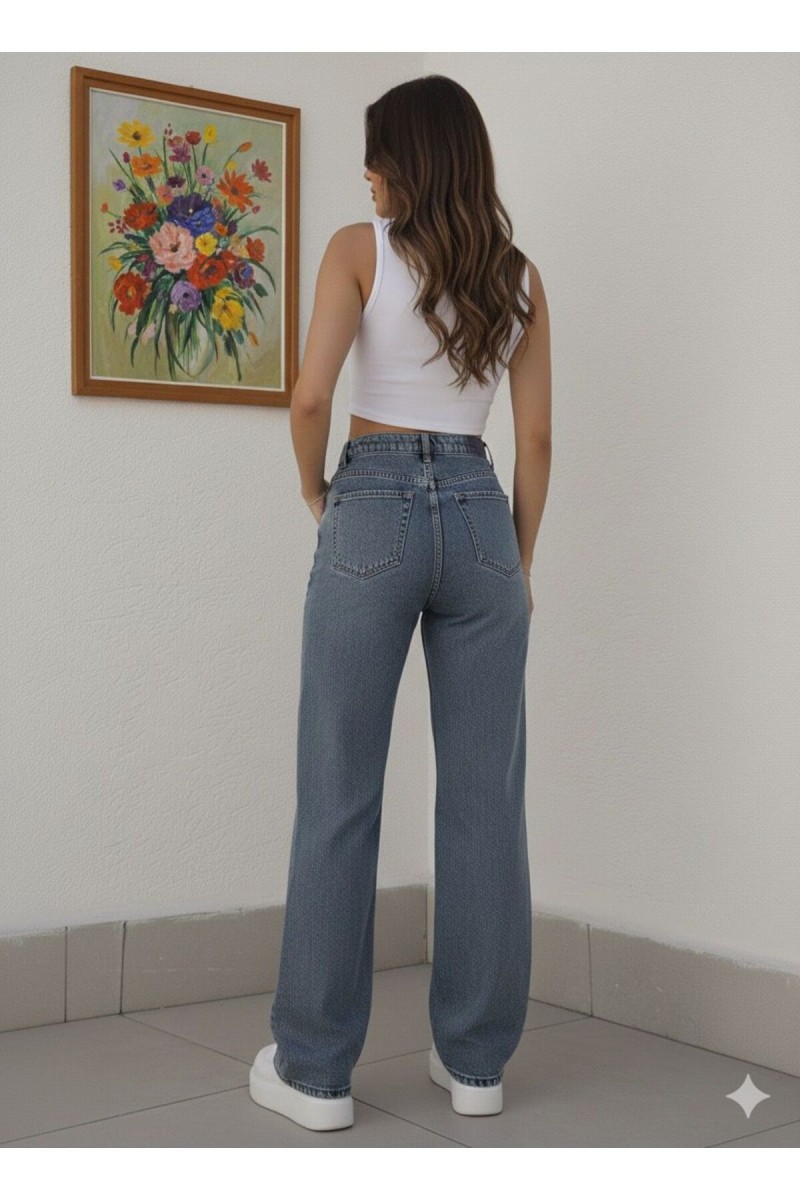 Malta Mavi Likralı Süper Yüksek Bel Salaş Paça Denim Palazzo Pantolon