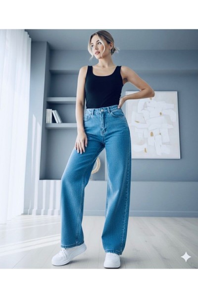 Tokyo Mavi Likralı Süper Yüksek Bel Salaş Paça Denim Palazzo Pantolon