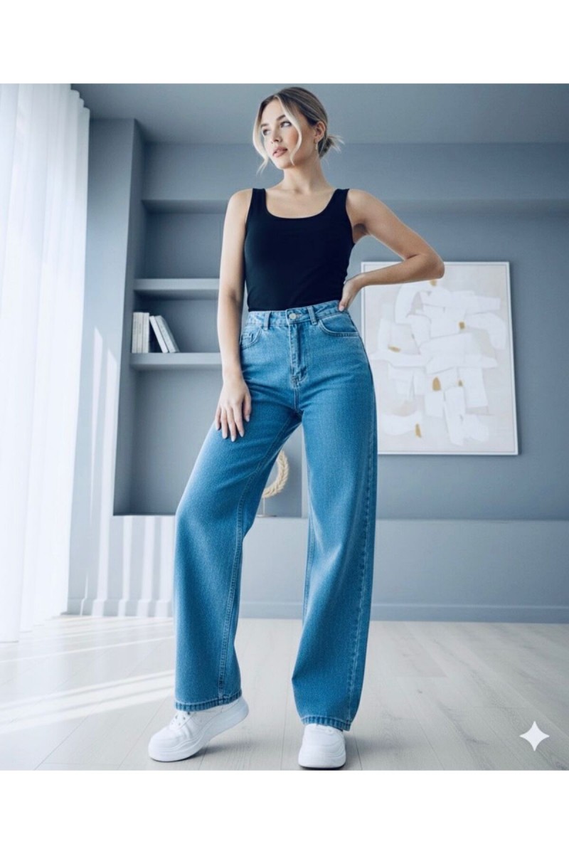 Tokyo Mavi Likralı Süper Yüksek Bel Salaş Paça Denim Palazzo Pantolon