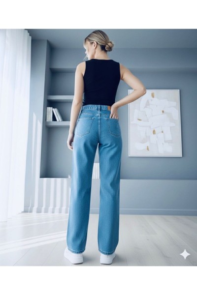 Tokyo Mavi Likralı Süper Yüksek Bel Salaş Paça Denim Palazzo Pantolon