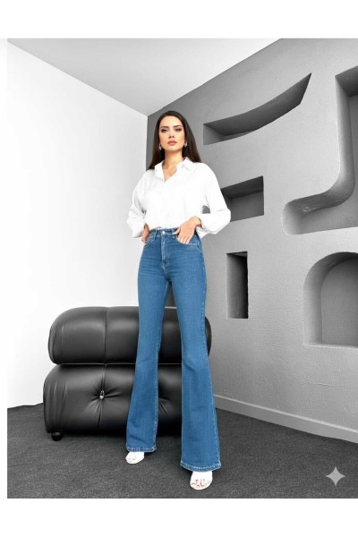 Tiana Likralı Kadın Orta Kar Mavi Süper Yüksek Bel İspanyol Paça Denim Kot Pantolon