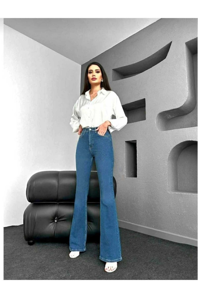 Tiana Likralı Kadın Orta Kar Mavi Süper Yüksek Bel İspanyol Paça Denim Kot Pantolon