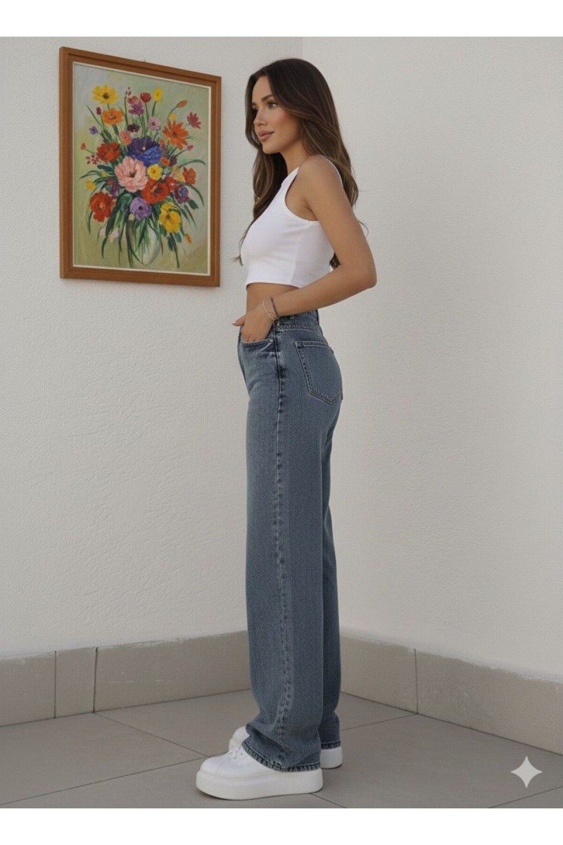 Malta Mavi Likralı Süper Yüksek Bel Salaş Paça Denim Palazzo Pantolon