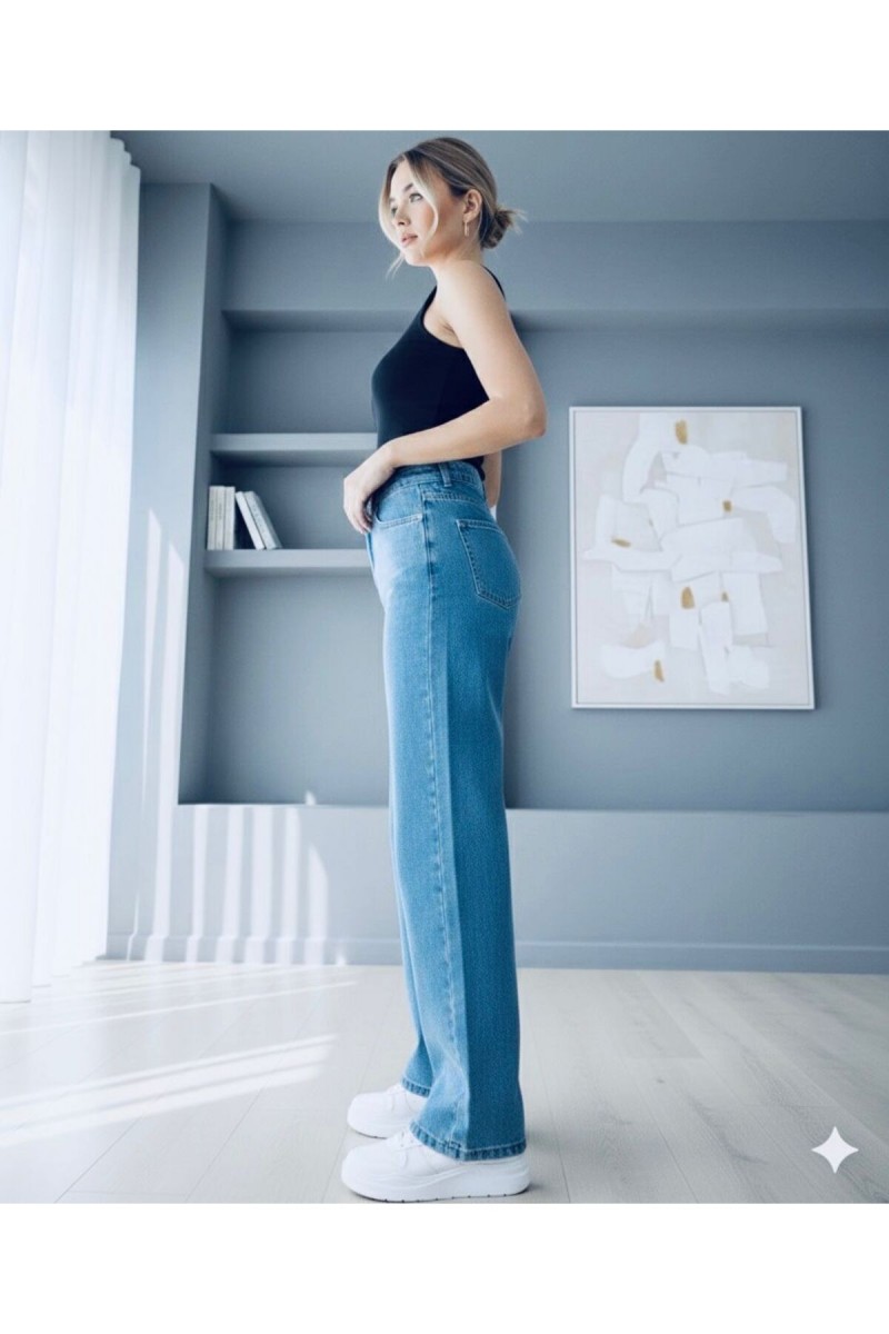 Tokyo Mavi Likralı Süper Yüksek Bel Salaş Paça Denim Palazzo Pantolon