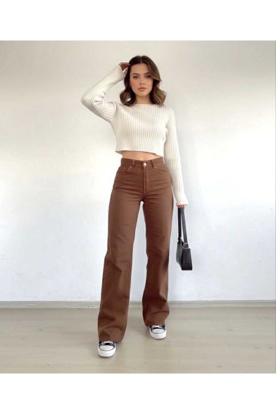 Robin Likralı Salaş Kadın Kahve Süper Yüksek Bel Salaş Paça Denim Kot Pantolon