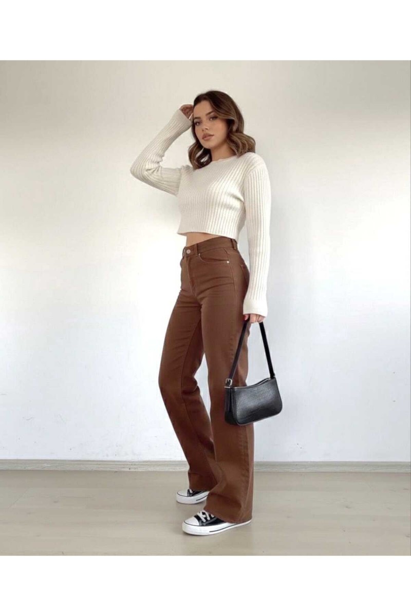 Robin Likralı Salaş Kadın Kahve Süper Yüksek Bel Salaş Paça Denim Kot Pantolon