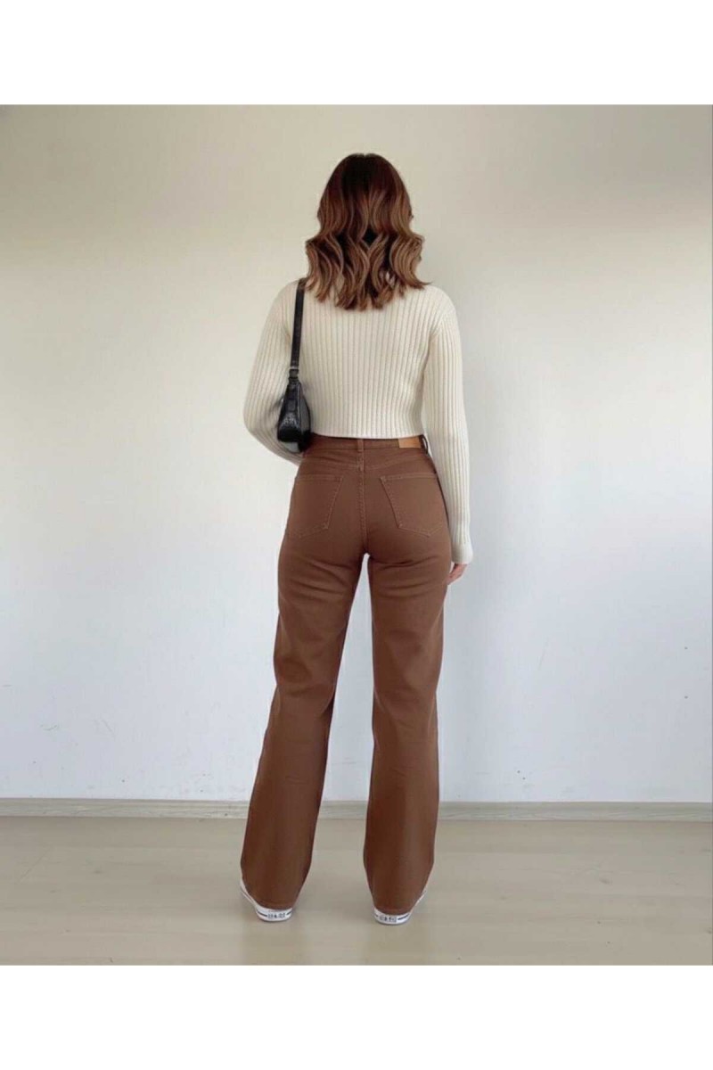 Robin Likralı Salaş Kadın Kahve Süper Yüksek Bel Salaş Paça Denim Kot Pantolon