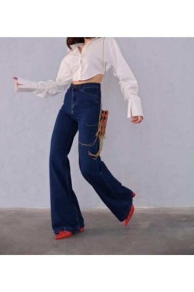 Koyu Mavi Likralı Süper Yüksek Bel Salaş Jeans Palazzo Pantolon